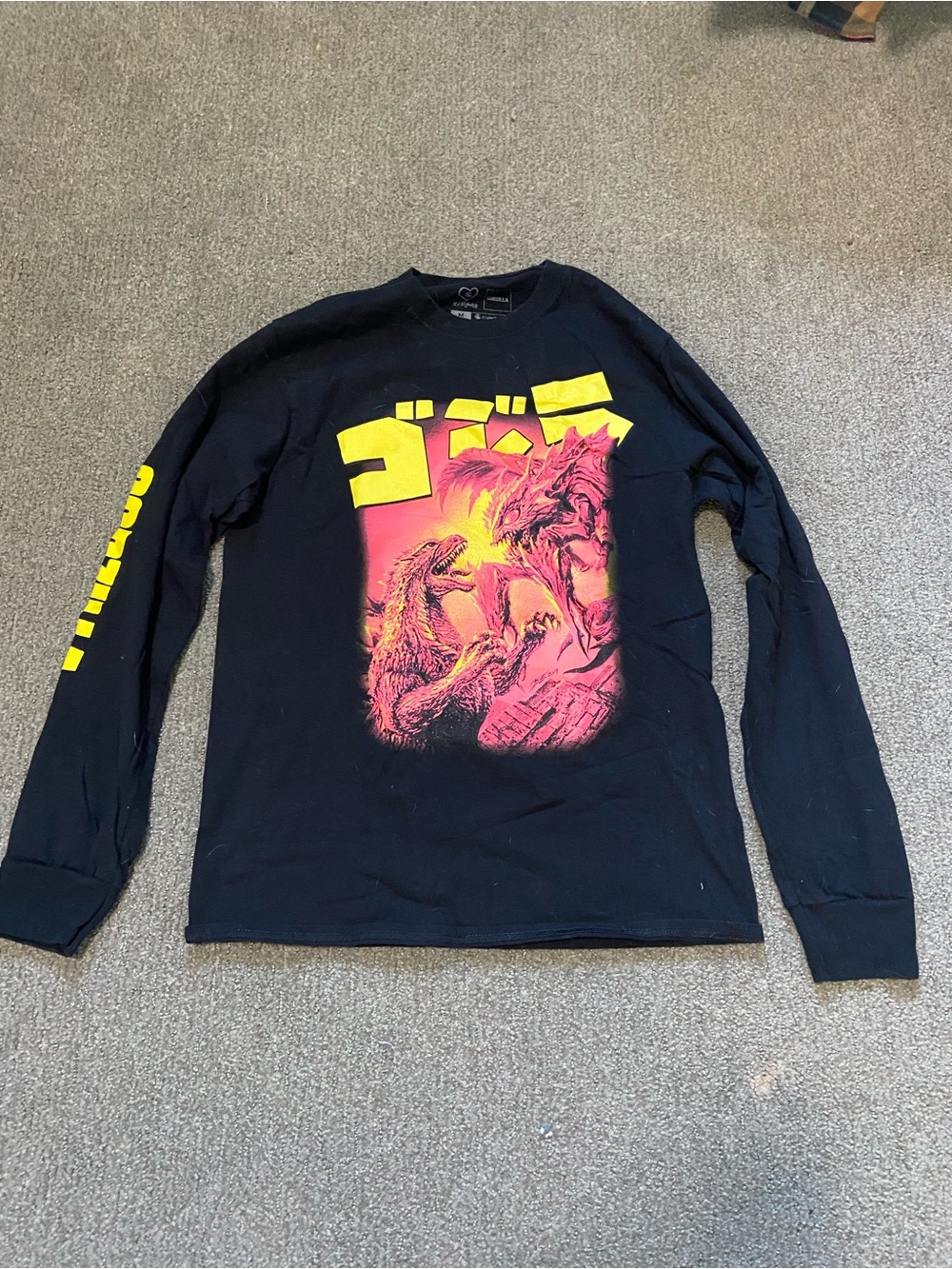 Black Godzilla Long-Sleeve Men’s Shirt with Yellow & Orange Print